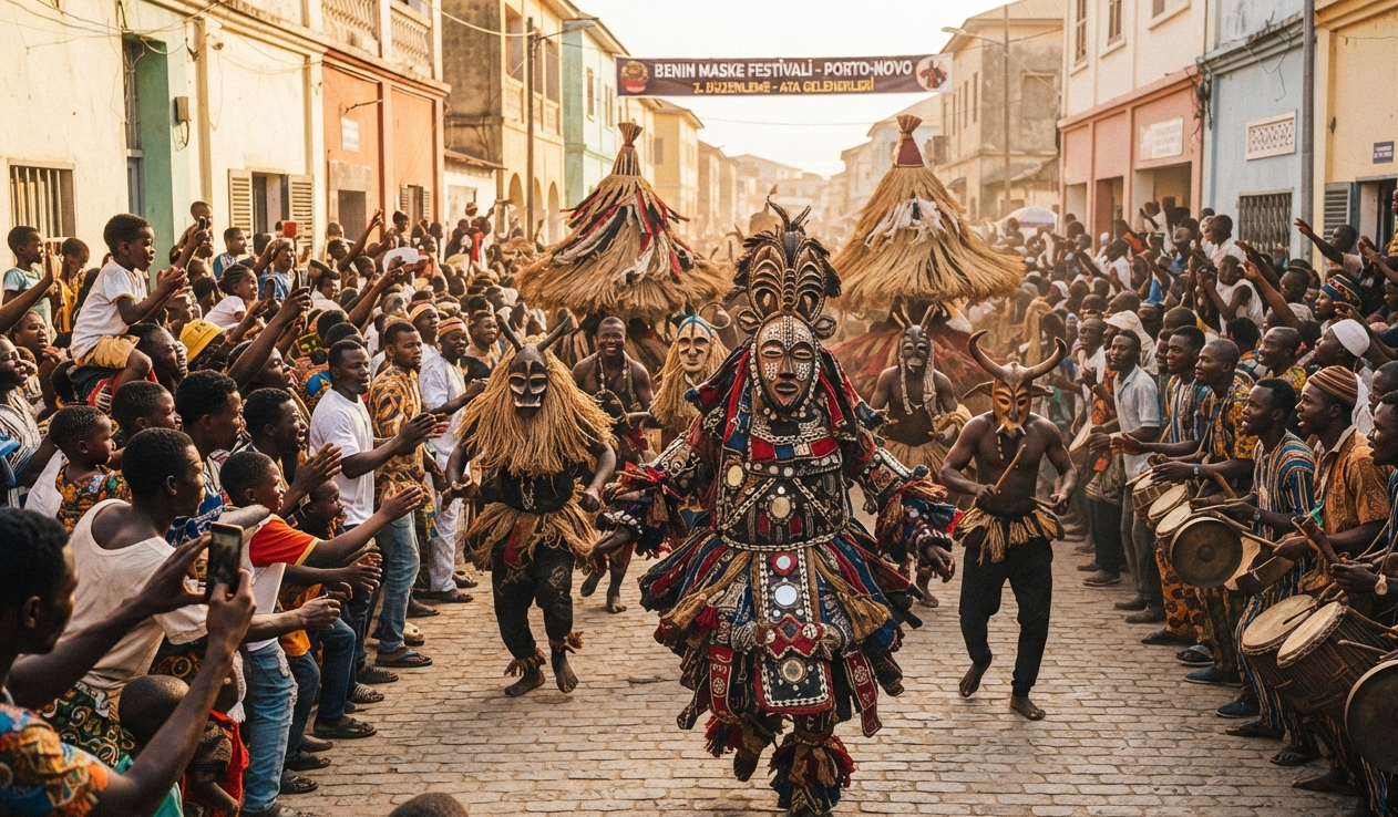 Benin'deki Geleneksel Festivalde Renkli Görüntüler: Maskeli Göstericiler Sokakları Doldurdu