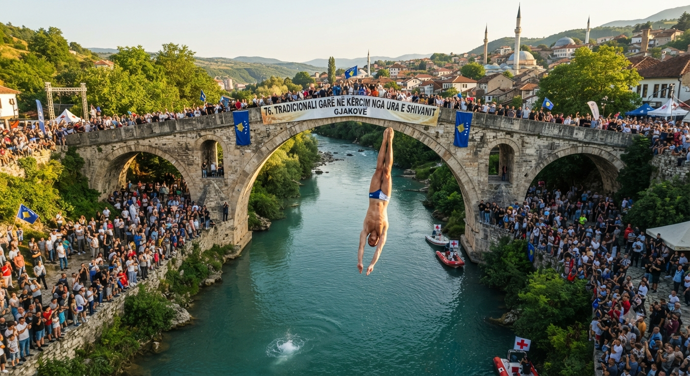Kosova'daki Tarihi Şivan Köprüsü'nde Nefes Kesen Geleneksel Atlama Yarışları Düzenlendi!