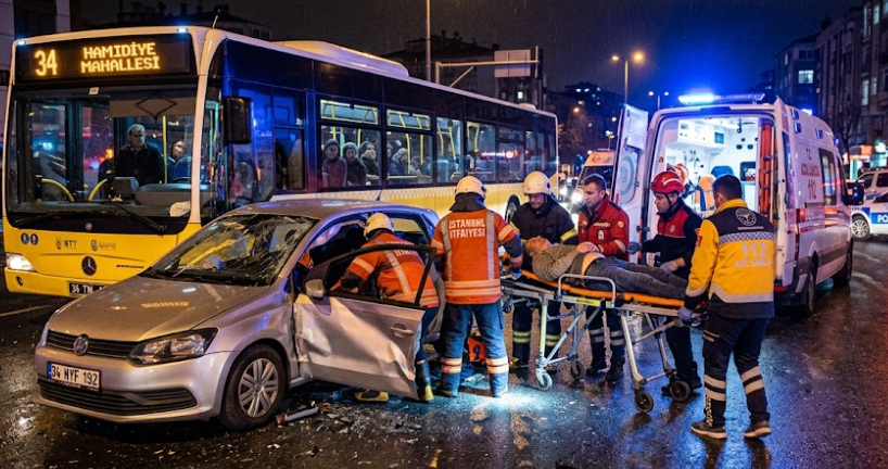 Kağıthane'de Feci Kaza: İETT Otobüsüne Çarpan Otomobilde Sıkışan Bekçi İtfaiye Tarafından Kurtarıldı